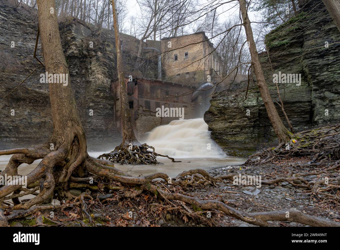 Im Winter verlassene Mill at Wells Falls, Businessman's Lunch Falls, am Six Mile Creek Ithaca, NY. Stockfoto