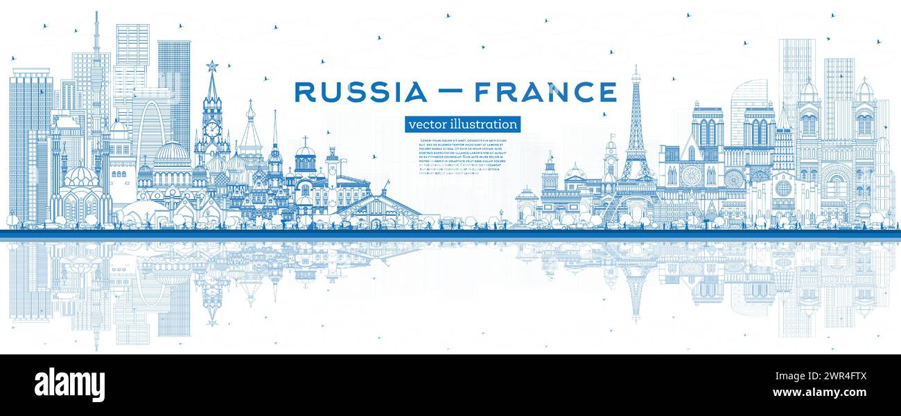 Skizzieren Sie die Skyline von Russland und Frankreich mit blauen Gebäuden und Reflexionen. Berühmte Wahrzeichen. Vektorabbildung. Frankreich und Russland. Stock Vektor