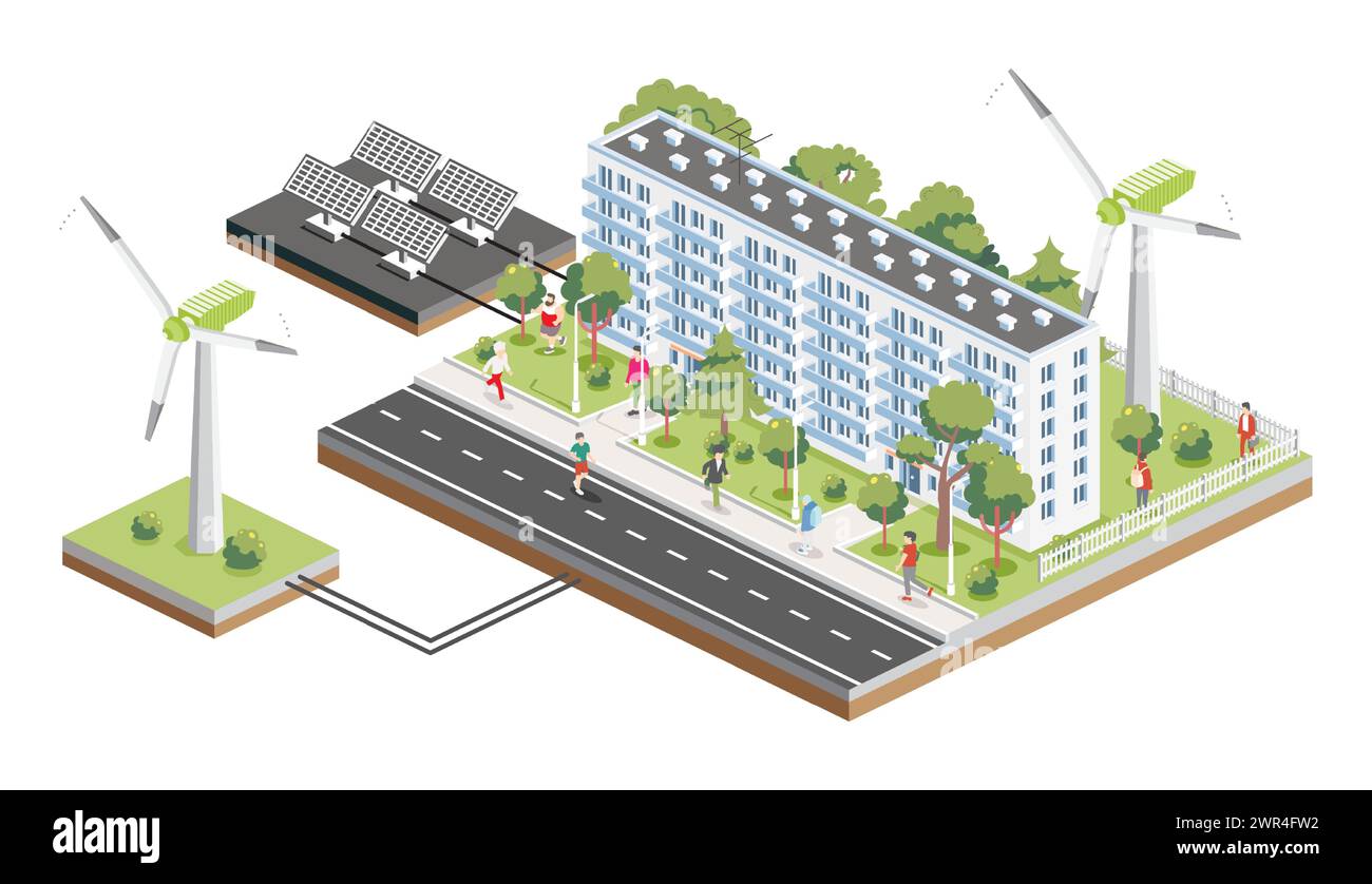 Isometrisches sechsstöckiges Wohngebäude mit Menschen, Straßen und Bäumen. Infografik-Element. Vektorabbildung. Solarpaneele und Windturbinen. Stock Vektor