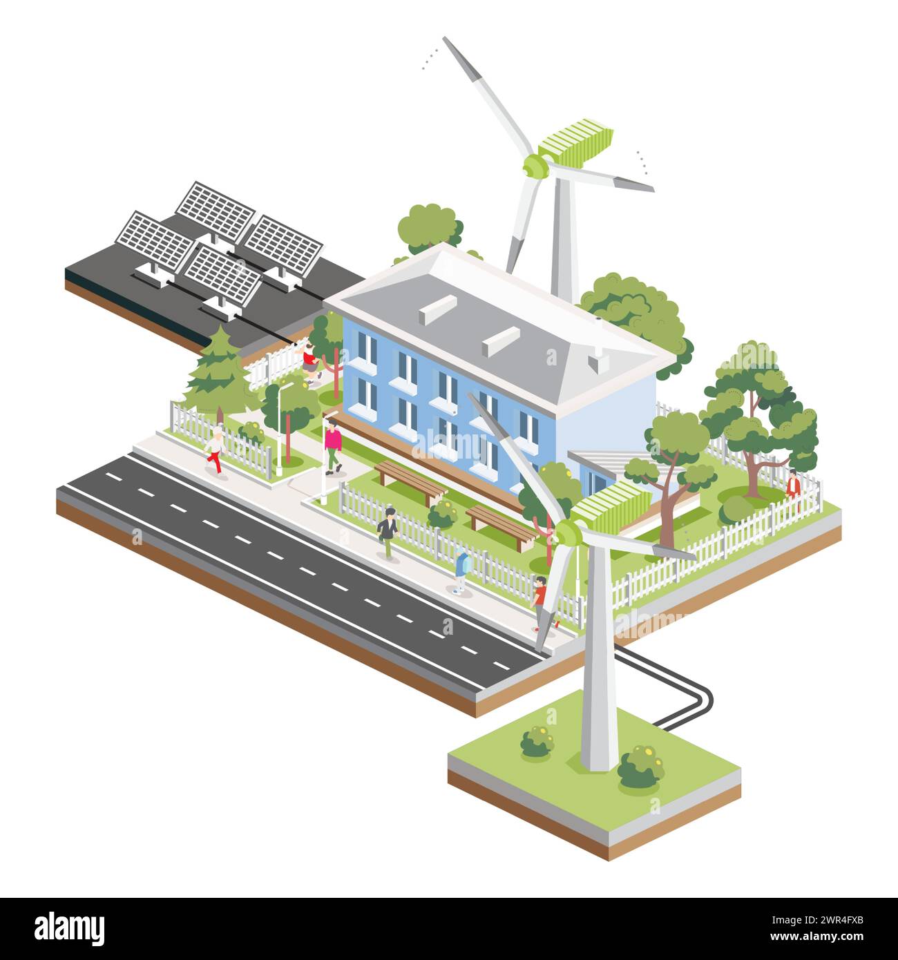 Isometrisches zweistöckiges Wohngebäude mit Solarpaneelen und Windturbinen. Grünes, umweltfreundliches Haus. Infografik-Element. Infografik-Element. Stock Vektor