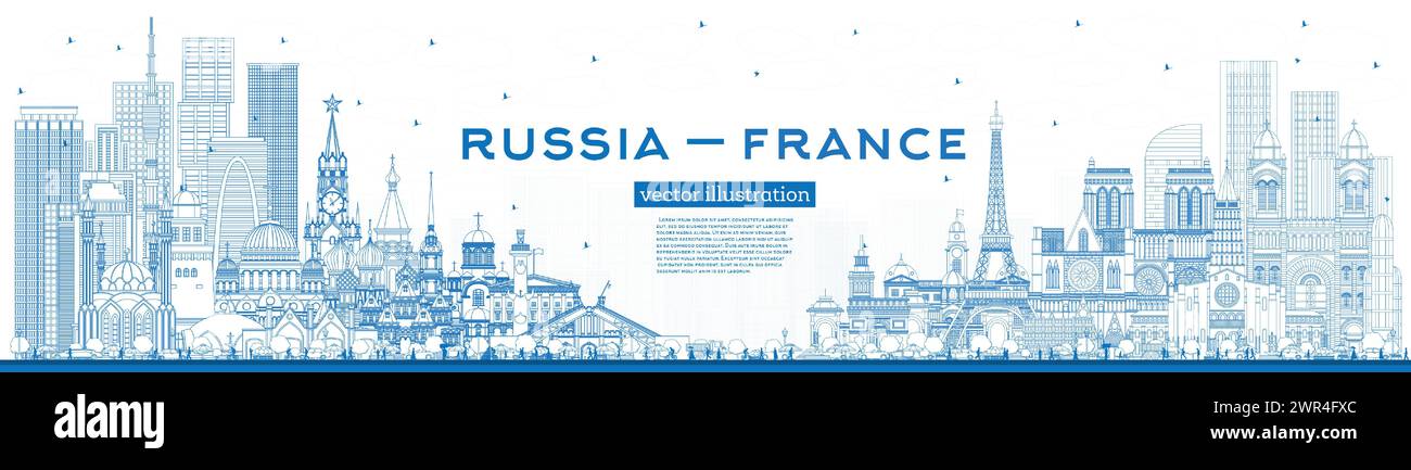 Skizzieren Sie die Skyline von Russland und Frankreich mit blauen Gebäuden. Berühmte Wahrzeichen. Vektorabbildung. Frankreich und Russland. Stock Vektor