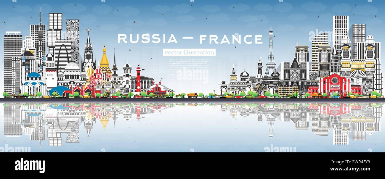 Skyline von Russland und Frankreich mit grauen Gebäuden, blauem Himmel und Reflexionen. Berühmte Wahrzeichen. Vektorabbildung. Frankreich und Russland. Diplomatisch Stock Vektor