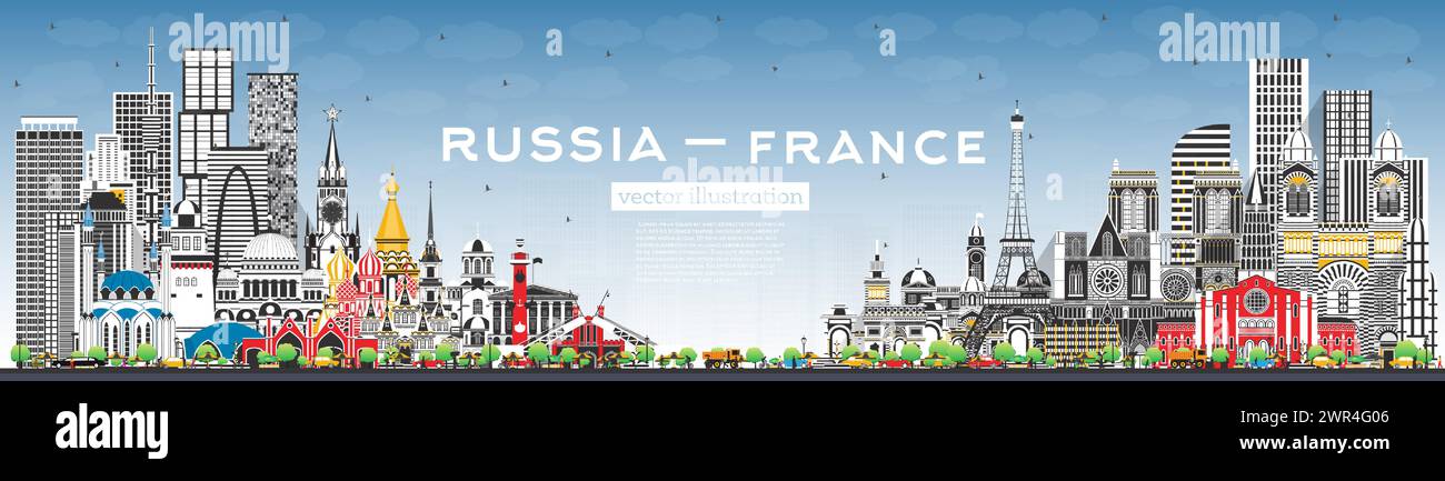 Skyline von Russland und Frankreich mit grauen Gebäuden und blauem Himmel. Berühmte Wahrzeichen. Vektorabbildung. Frankreich und Russland. Stock Vektor