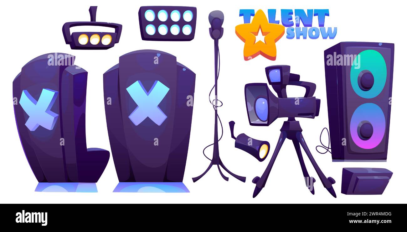 Talent Show Bühnenausstattung isoliert auf weißem Hintergrund. Vektor-Karikaturillustration von Jury Sessel, Mikrofon, Videokamera, Lautsprecher, Flutlicht Lampen für Song oder Tanz Wettbewerb Studio Stock Vektor