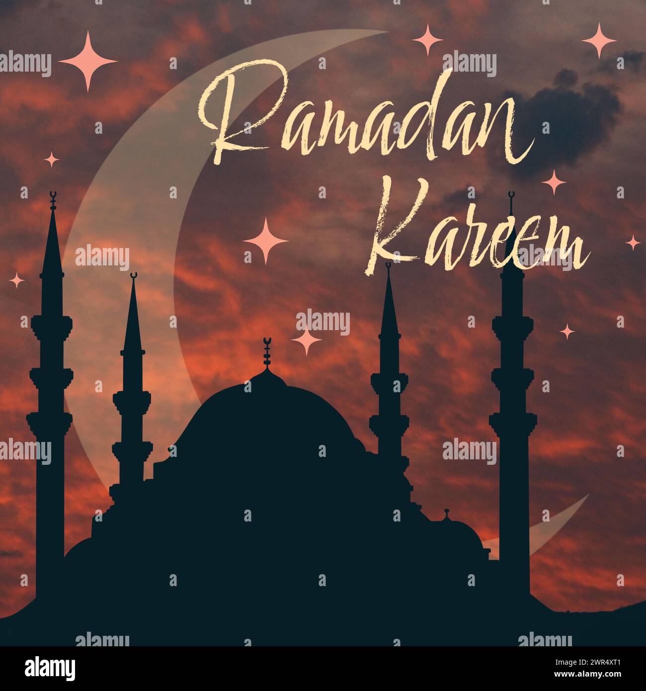 Ramadan-Grußkarte, Ramadan Kareem. Islamischer Hintergrund mit Moschee und wunderschönem Sonnenuntergang Stock Vektor