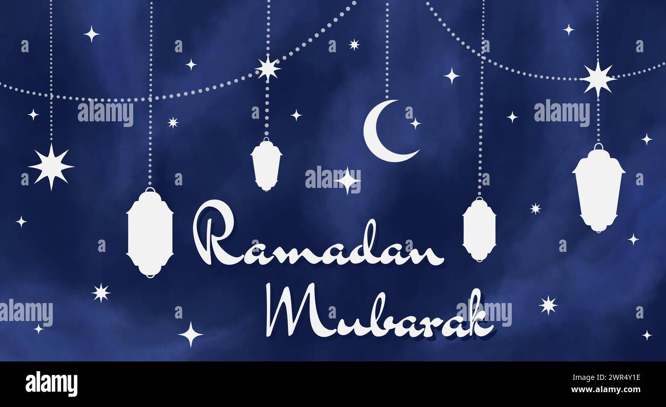Arabische traditionelle Ramadan Kareem östliche Laternen Girlande. Muslimische dekorative hängende Laternen, Sterne und Mondvektorillustration. Islamisch-orientalisch g Stock Vektor
