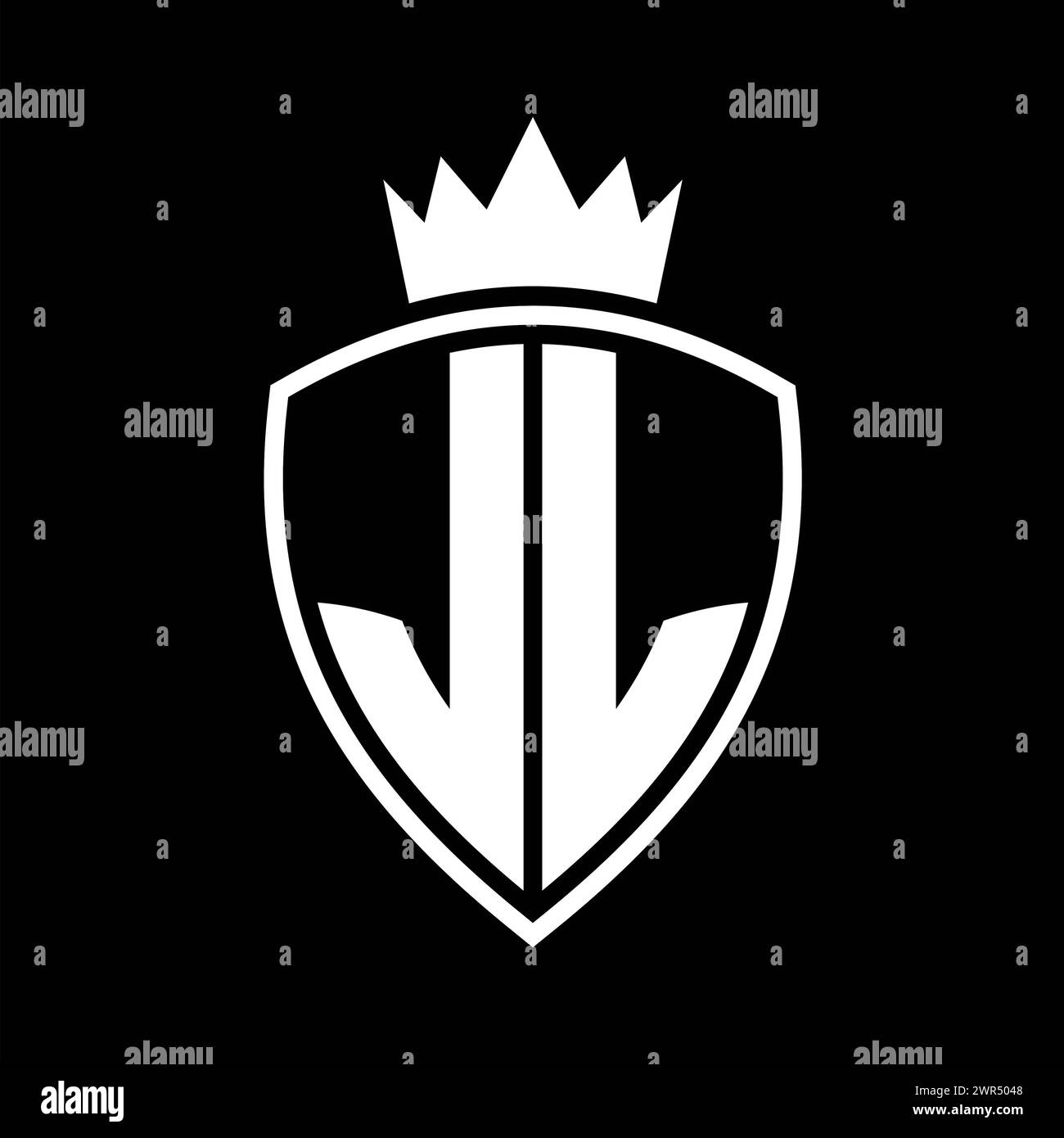 Auffälliges Monogramm JL Letter mit Schild- und Kronenumrissform mit schwarz-weißer Farbvorlage Stockfoto