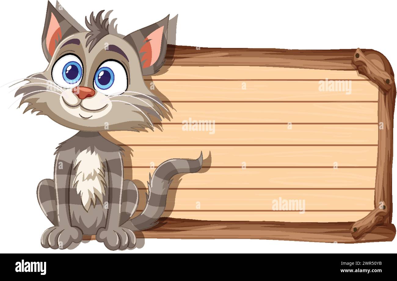 Niedliche Zeichentrickkatze, die neben einem leeren Schild sitzt Stock Vektor