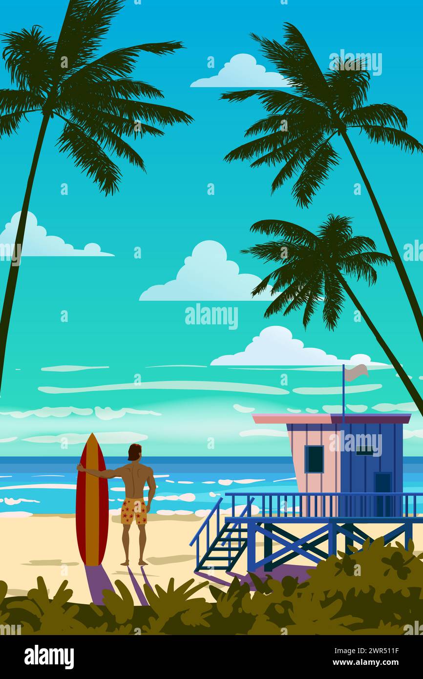 Tropical Beach Retro Poster, Surfer mit Surfbrett. Rettungsschwimmer Haus am Strand Stock Vektor