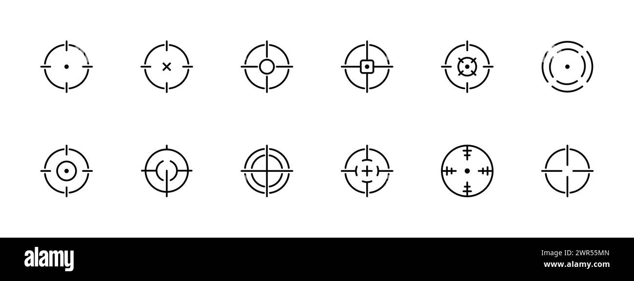 Symbol „Sight Set“. Visier, Treffermarkierung, Oszilloskop, Bereichsmarkierung, Fadenkreuz, Punkt. Vektorsymbol auf weißem Hintergrund. Stock Vektor