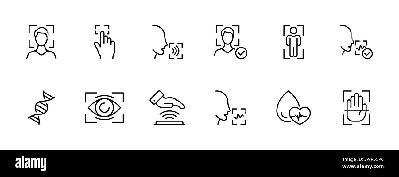Symbol „Erkennungssatz“. Erkennung durch Gesicht, Fingerabdruck, Stimme. Scannen von Gesicht, Körper, Stimme, Handfläche, Blut, DNA. Das Konzept des menschlichen Scannens und Erkennens Stock Vektor