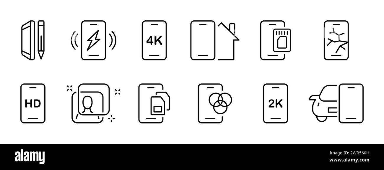 Symbol „Telefon einstellen“. Telefon und Stift, Ladegerät, Smart Home, Speicherkarte, SIM-Karte, Gesichtserkennung. 2K-, 4K- und HD-Auflösungen, defekter Bildschirm, Farbpalette Stock Vektor