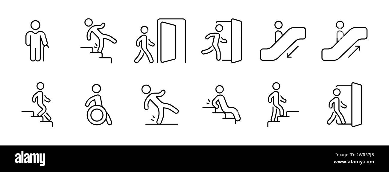 Symbol „Laufset“. Ältere Menschen, Krüppel, Menschen mit körperlichen Behinderungen, Stürzen, Aussteigen, Einsteigen, Absteigen, Aufstieg, Lift, Rolltreppe Vektorfunktion Stock Vektor