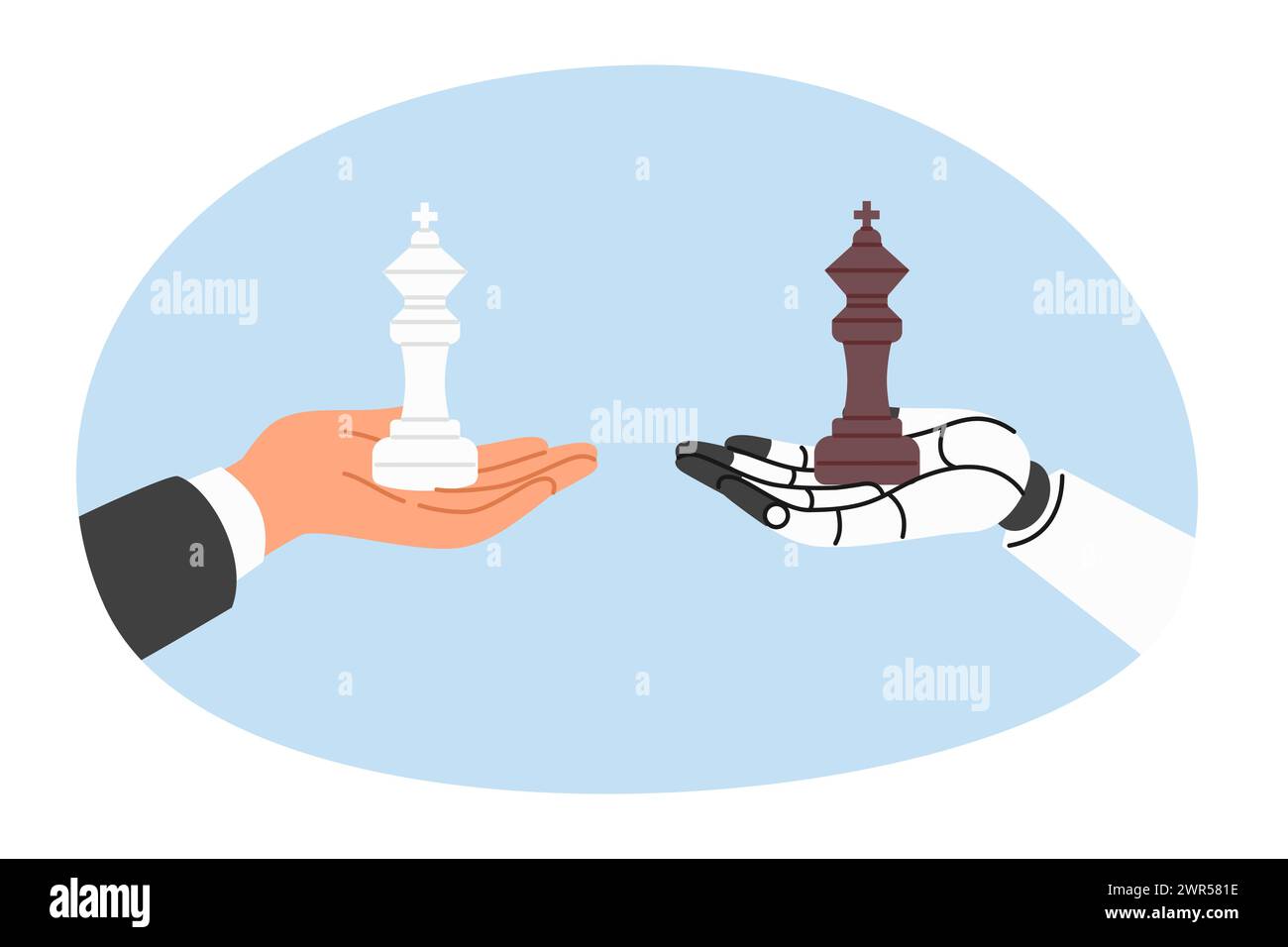 Schachkönige in den Händen von Mensch und Roboter, konkurrieren in strategischen Planungs- und Managementwissen Stock Vektor