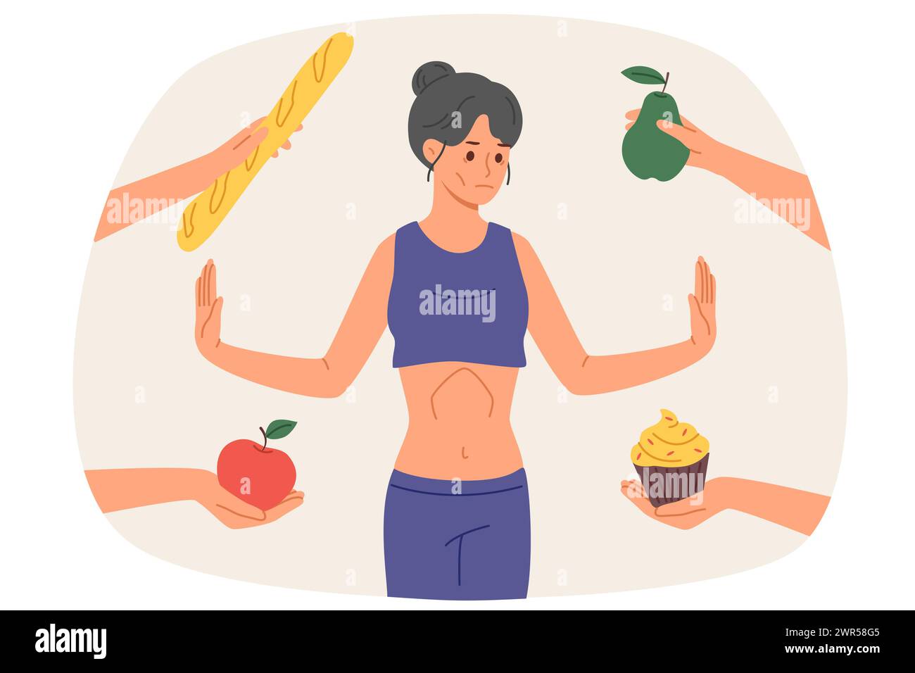 Eine Frau mit Anorexie und Dystrophie weigert sich zu essen und steht mit Früchten und Gebäck unter den Händen Stock Vektor