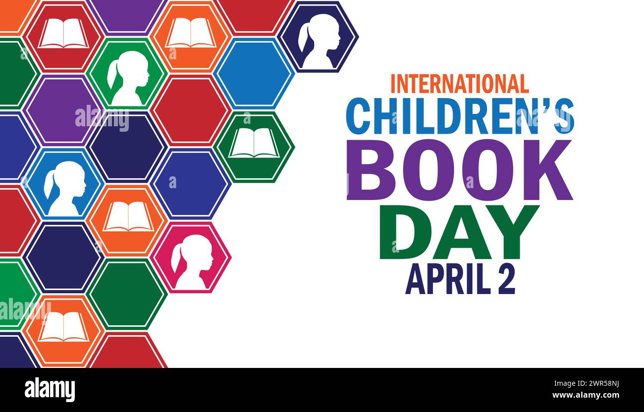 Tapete zum Tag des internationalen Kinderbuches mit Formen und Typografie. Internationaler Kinderbuchtag, Hintergrund Stock Vektor