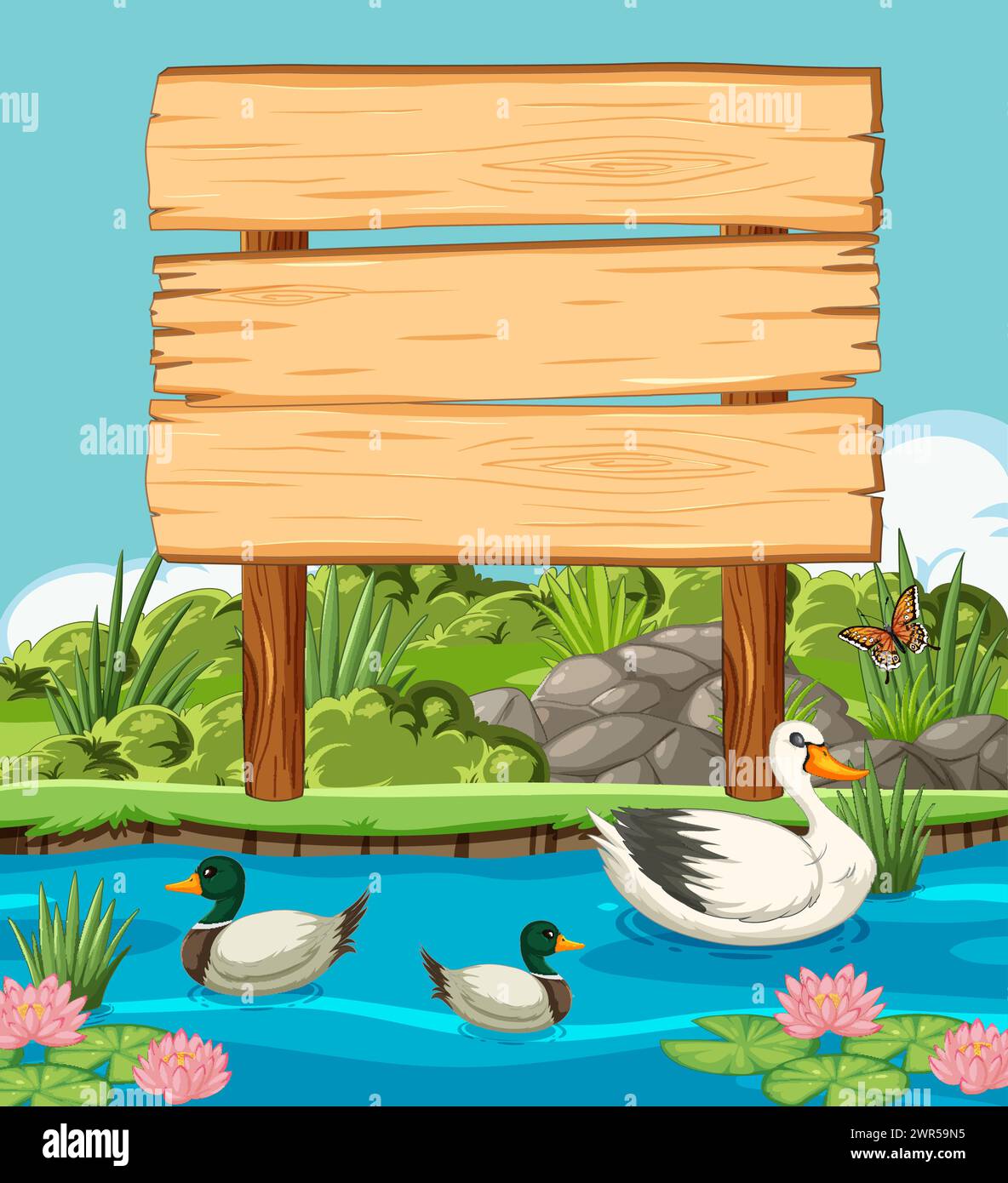 Enten und Schmetterling an einem Teich mit leerem Schild. Stock Vektor