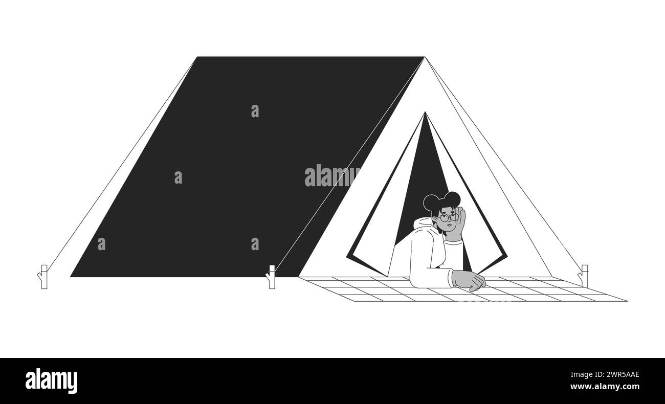 Schwarzes Mädchen, das auf dem Campingzelt liegt, schwarz-weiße 2D-Zeichentrickfigur Stock Vektor