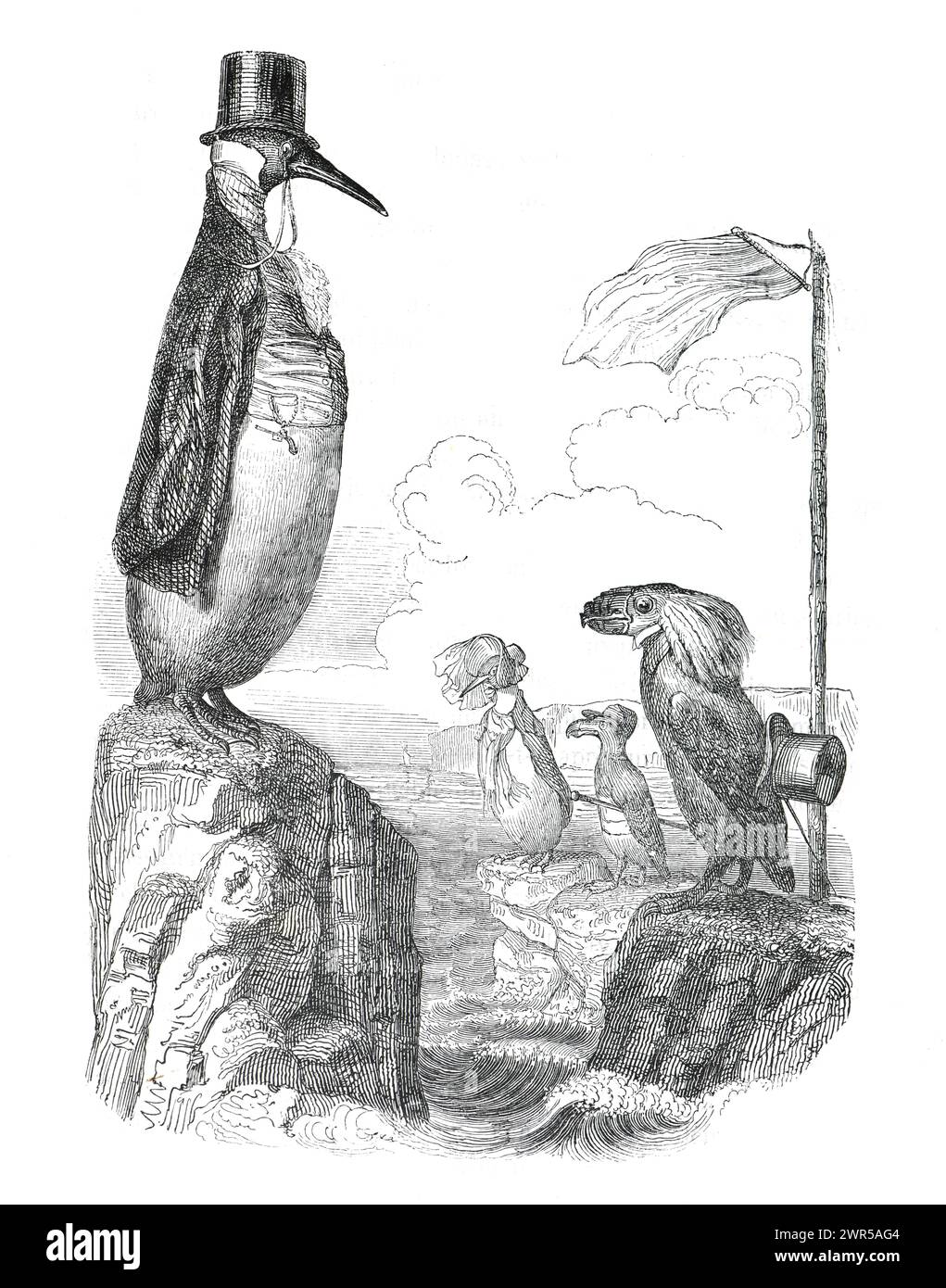 Anthropomorphe Tiere. Humanized Pinguin.Animals. CRISPR. FALL 9. Außerirdische. Handgezeichnete Vintage-Illustration. Cartoon und Humor. Stockfoto