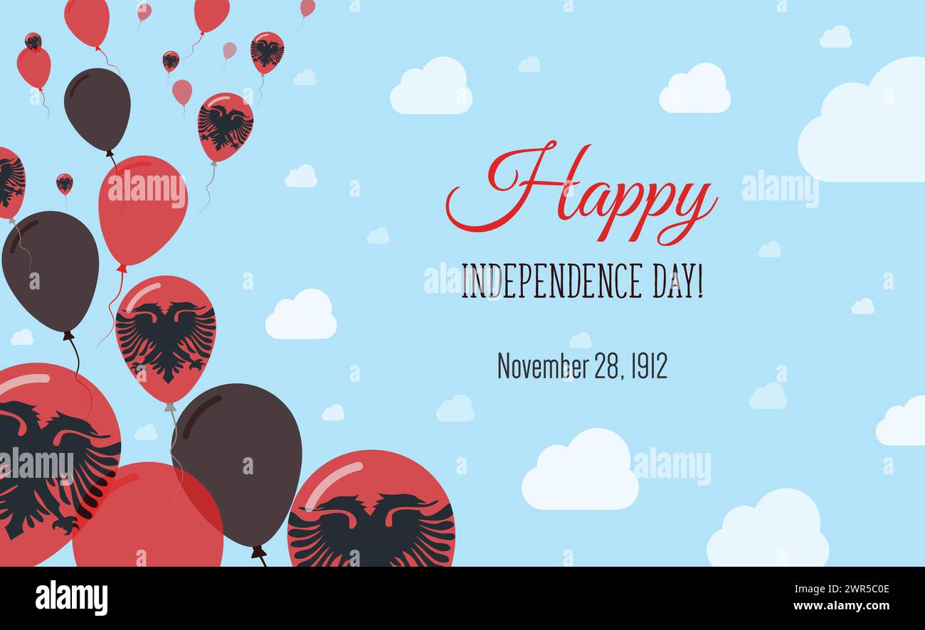 Albaniens Unabhängigkeitstag Funkelndes Patriotisches Poster. Ballonreihe in den Farben der albanischen Flagge. Grußkarte mit Nationalflaggen, Blauen Skyes und Stock Vektor
