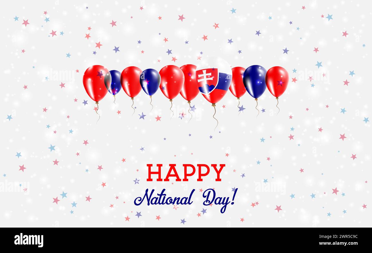 Slowakische Unabhängigkeitstag Funkelndes Patriotisches Poster. Reihe von Ballons in den Farben der slowakischen Flagge. Grußkarte mit Nationalflaggen, Konfetti und St. Stock Vektor