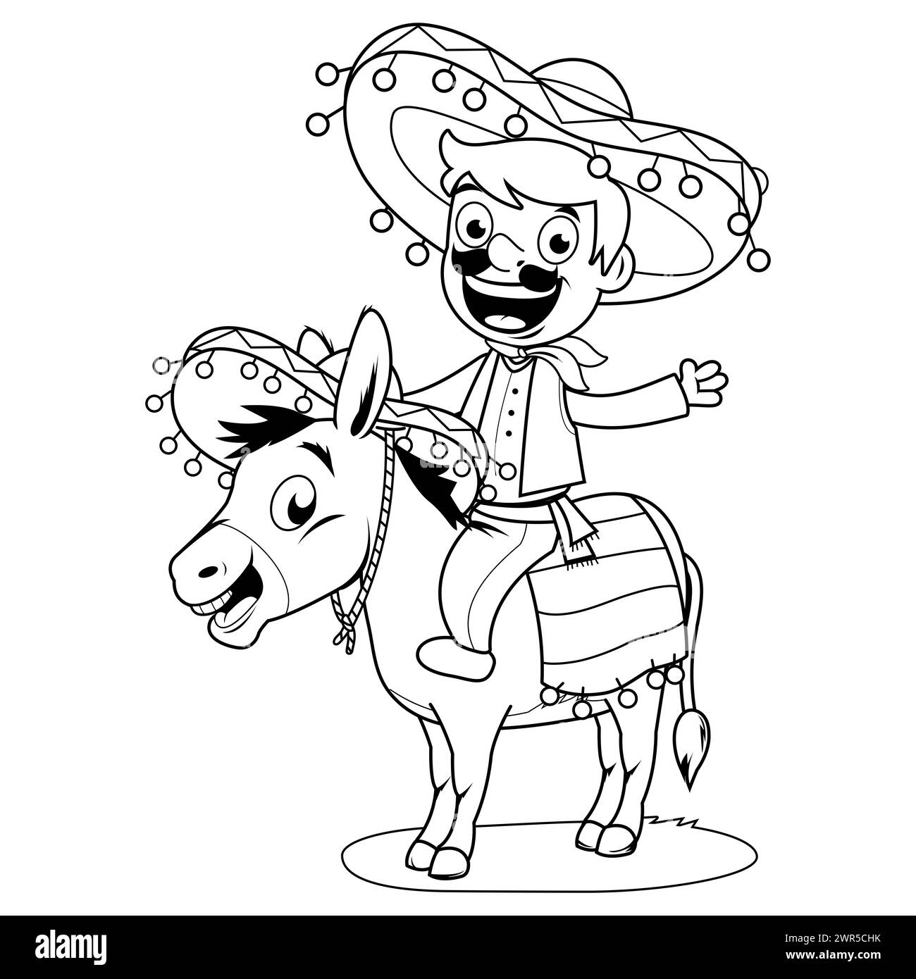 Mexikanischer Mann, der auf einem Esel reitet. Cartoon Mariachi mexikanisch mit Sombrero-Hut. Schwarzweiß-Ausmalseite Stockfoto