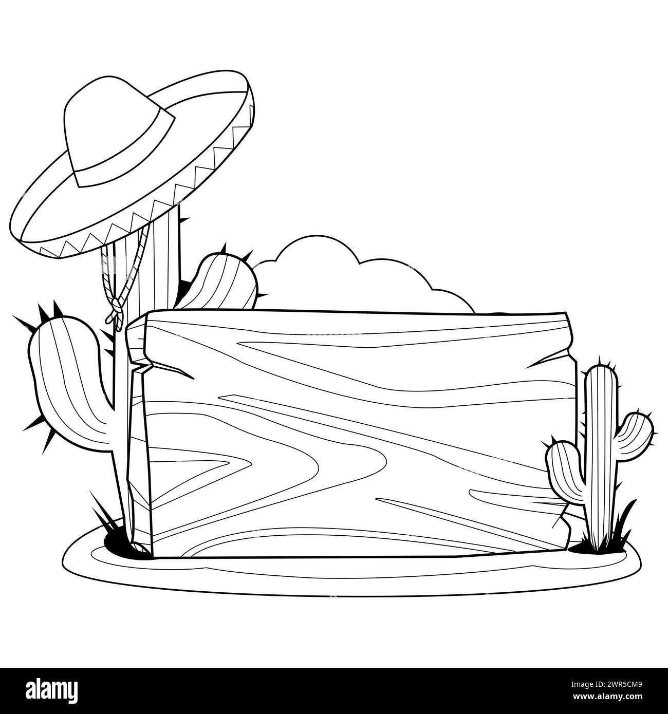 Wegweiser in der mexikanischen Wüste mit Kaktuspflanzen und einem Sombrero. Schwarzweiß-Ausmalseite Stockfoto