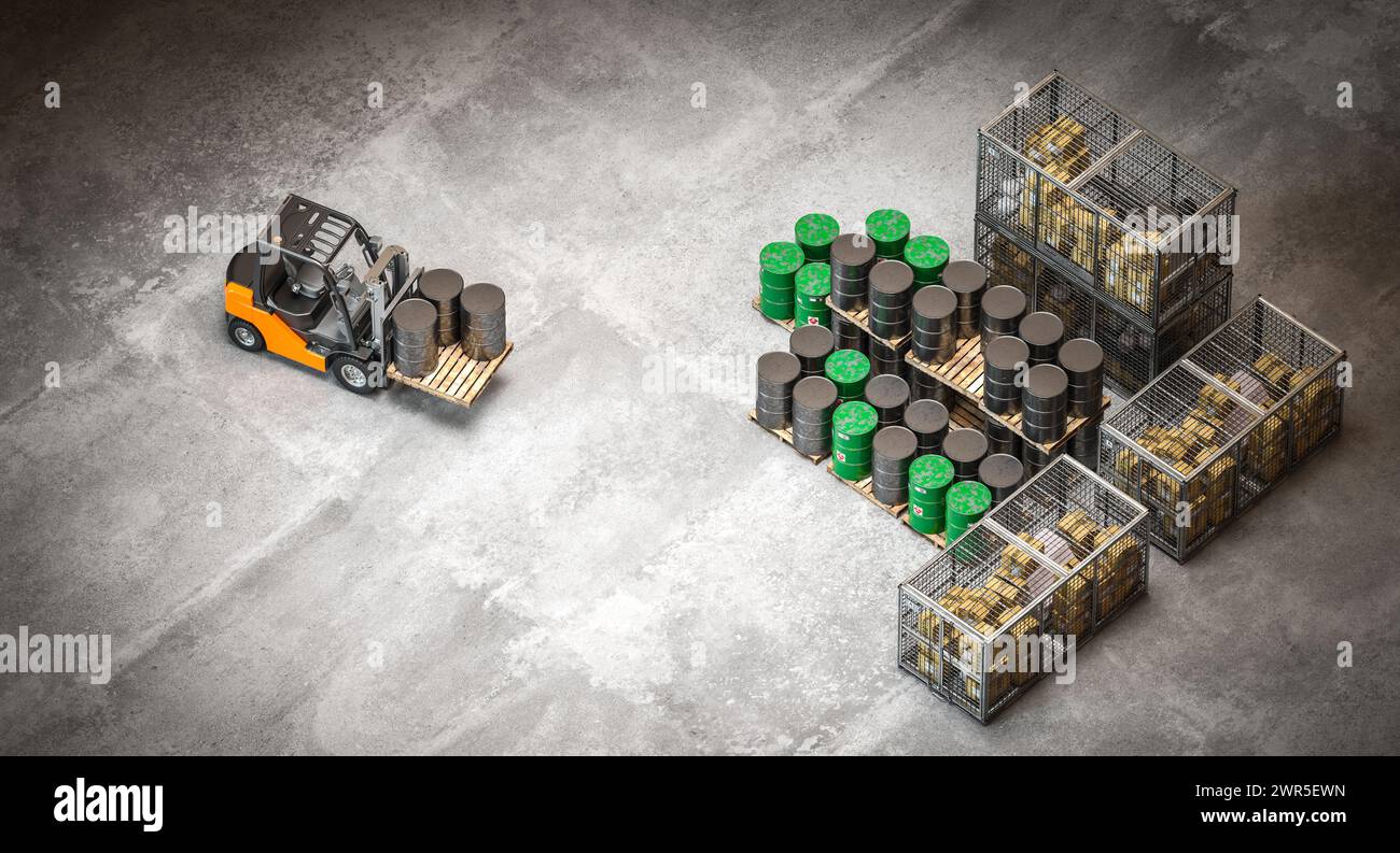 Blick von oben auf einen Gabelstapler, in dem Fässer und Kisten in einem industriellen Lagerbereich angeordnet sind. 3D-Rendering Stockfoto