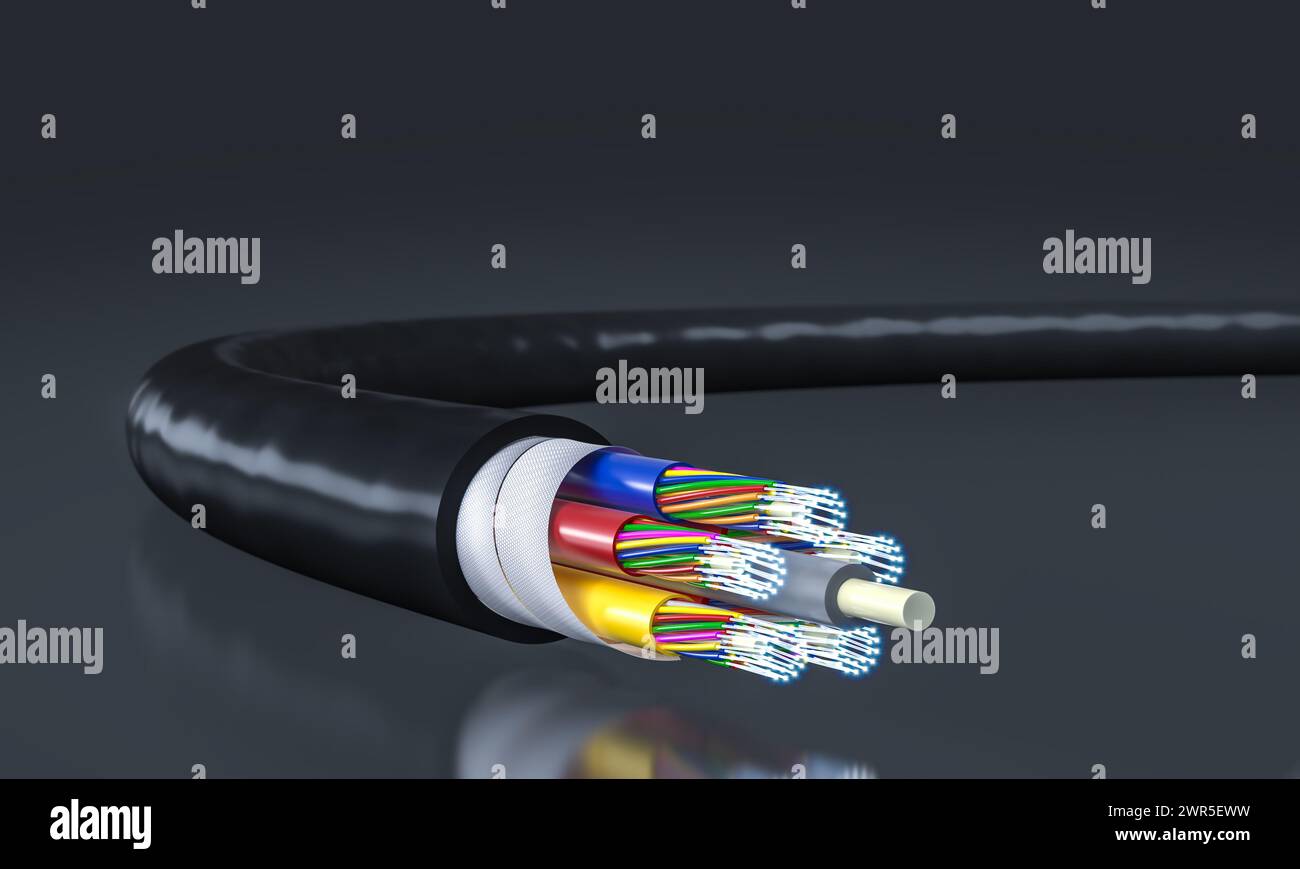 Detailliertes 3D-Rendering, das die innere Struktur eines modernen Glasfaserkabels zeigt. Stockfoto
