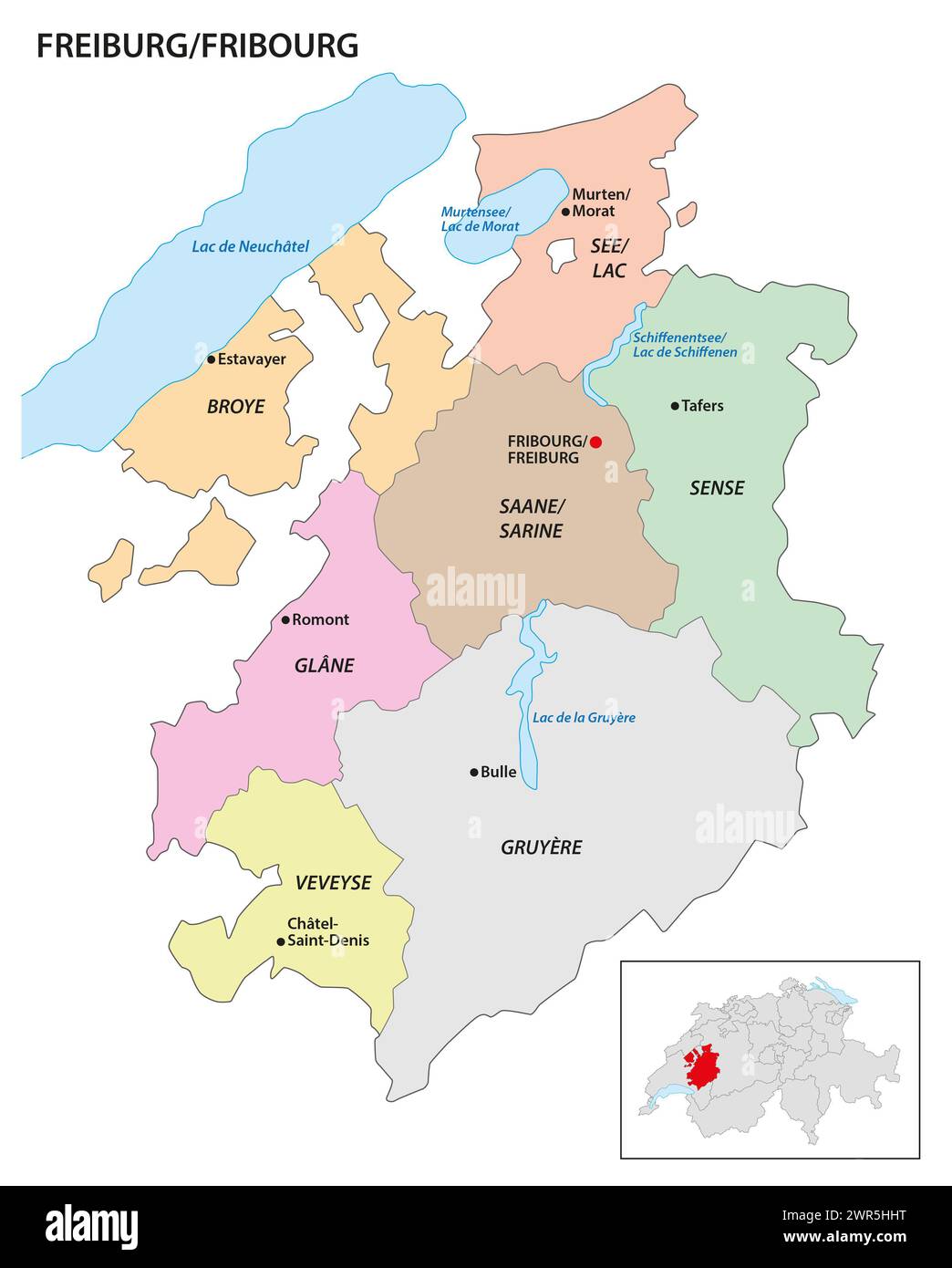 Verwaltungsbezirk Landkarte des Kantons Freiburg, Schweiz Stockfoto