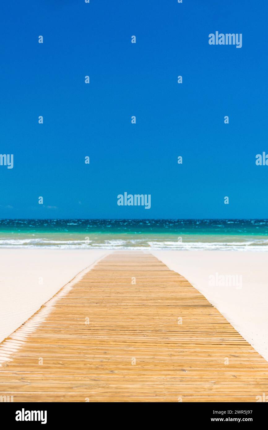 Pfad zum Paradies: Wooden Boardwalk am unberührten Strand Stockfoto