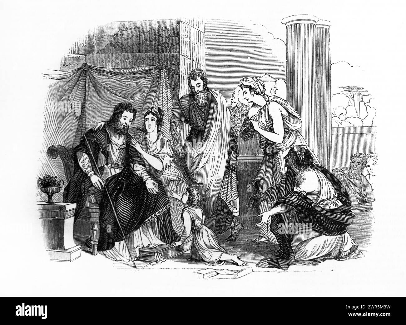 Illustration der Shunamiten-Frau, die um ihr Land bittet - die Frau, deren Sohn vom Propheten Elisha wieder zum Leben erweckt wurde, wurde angewiesen, die zu verlassen Stockfoto