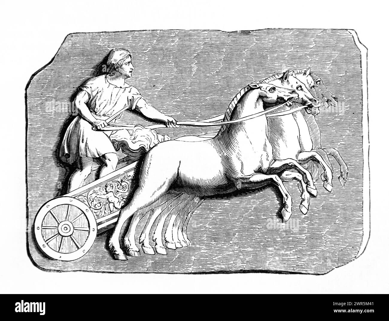 Illustration eines römischen Wagenwagens aus dem Bas-Relief in Montfaucon Frankreich aus der antiken Familienbibel des 19. Jahrhunderts Stockfoto