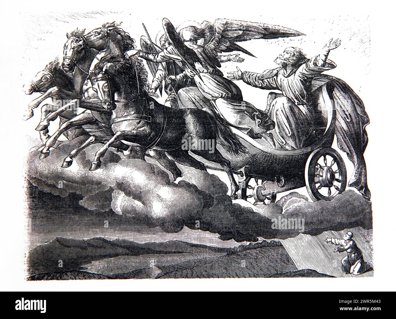 Illustration von Elisha, wie der Prophet Elijah in einem Wirbelwind in den Himmel in einem Feuerwagen aus dem antiken 19. Jahrhundert aufsteigt, illustrierte Familie B Stockfoto