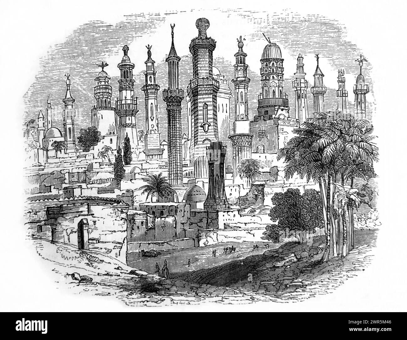 Illustration einer Gruppe orientalischer Wachtürme, ausgewählt aus Beispielen in den Städten Unterägyptens aus der antiken, aus dem 19. Jahrhundert illustrierten Familienbibel Stockfoto
