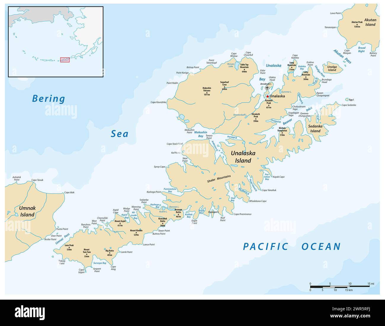 Vektorkarte der Aleuten-Insel Unalaska, Alaska, USA Stockfoto