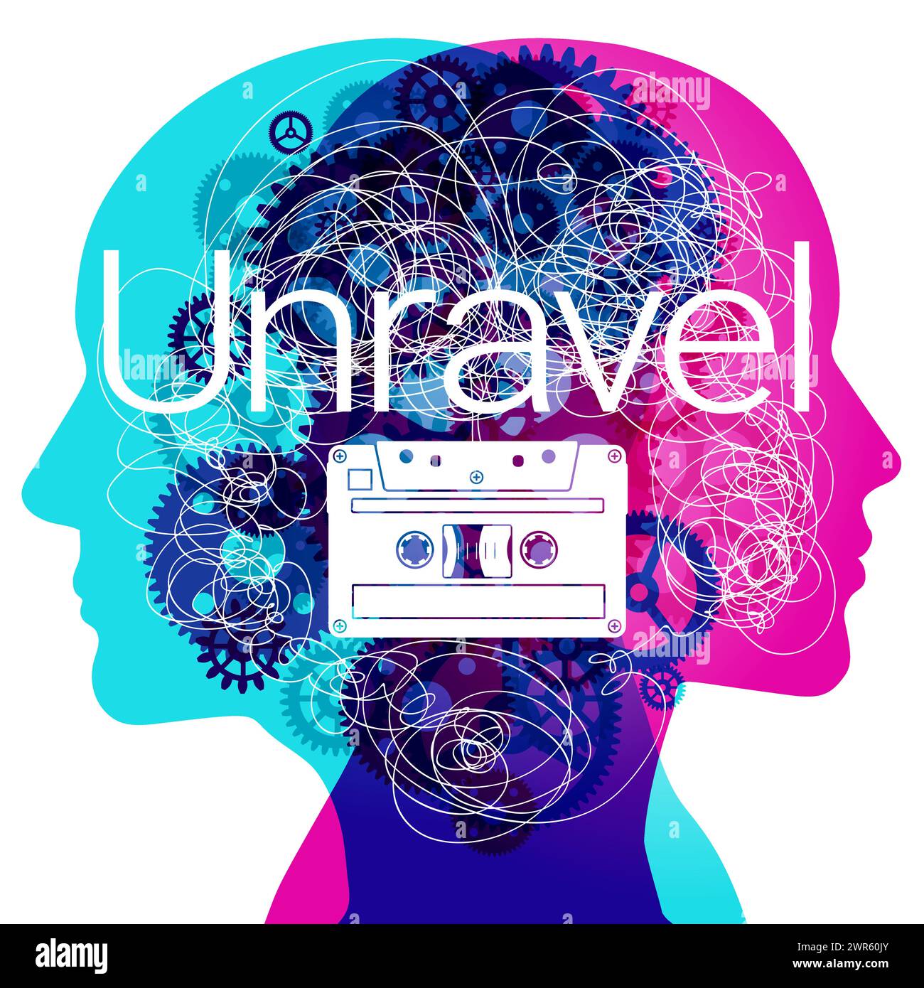 Konzeptuelle Kunst, die die Komplexität menschlicher Gedanken und das Entwirren der Erinnerung veranschaulicht. Stock Vektor