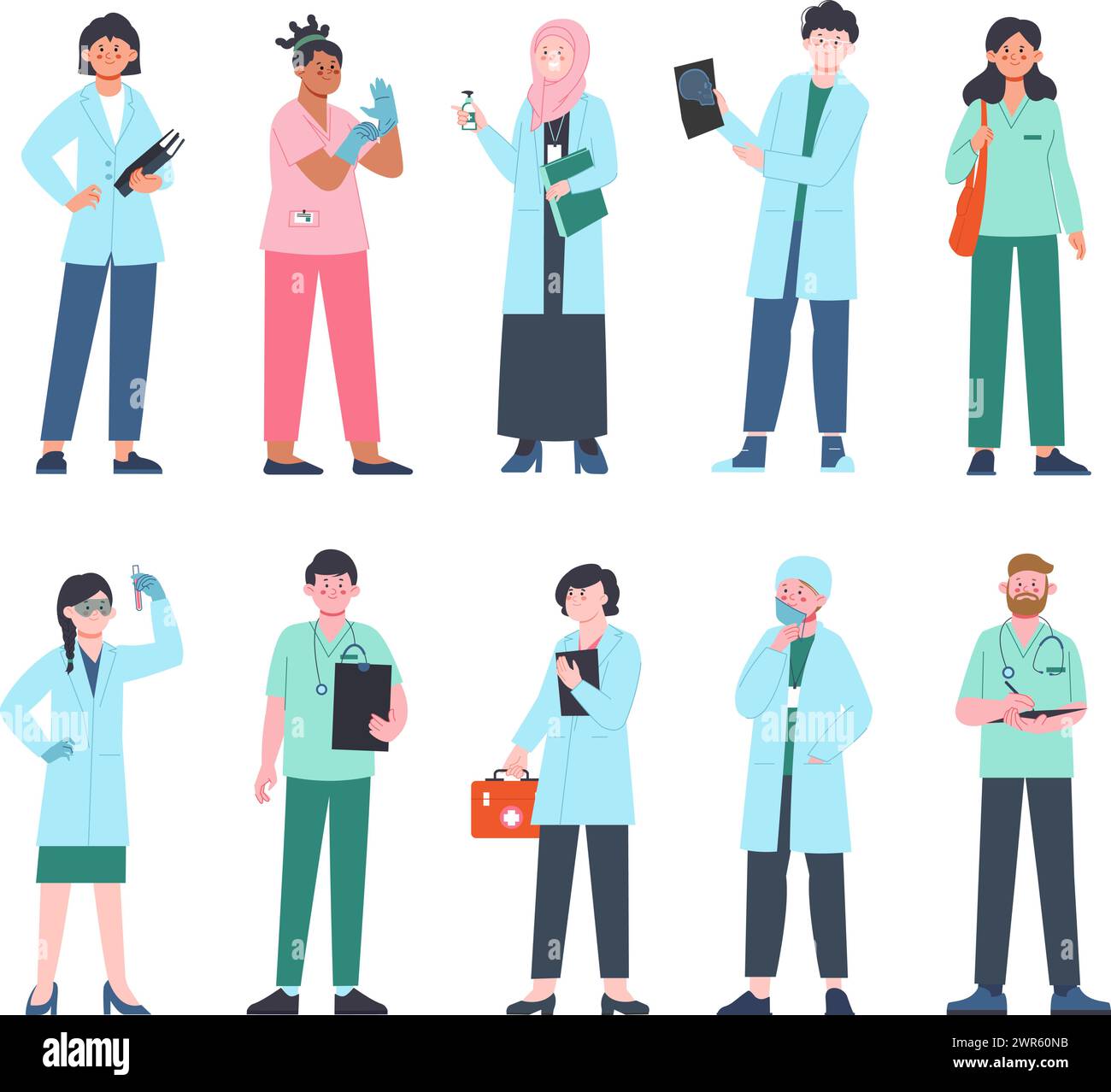 Medizinisches Team. Arbeitende Ärzte, Krankenschwestern in Uniform- und Verwaltungskrankenhausfiguren. Gesundheitspersonal, Klinik und Krankenwagen, Splendid Vector Set Stock Vektor