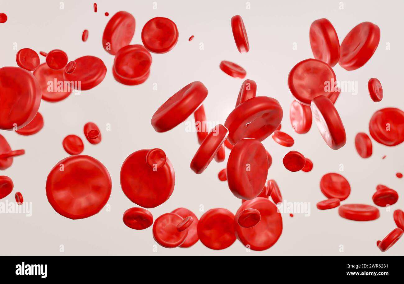 Rote Blutkörperchen, die durch die Vene fließen. Rote Blutkörperchen, weißer Hintergrund. Blutkreislauf, Blutplättchen, Blutplasma. 3D-Illustration science024s07 Blood  Stockfoto