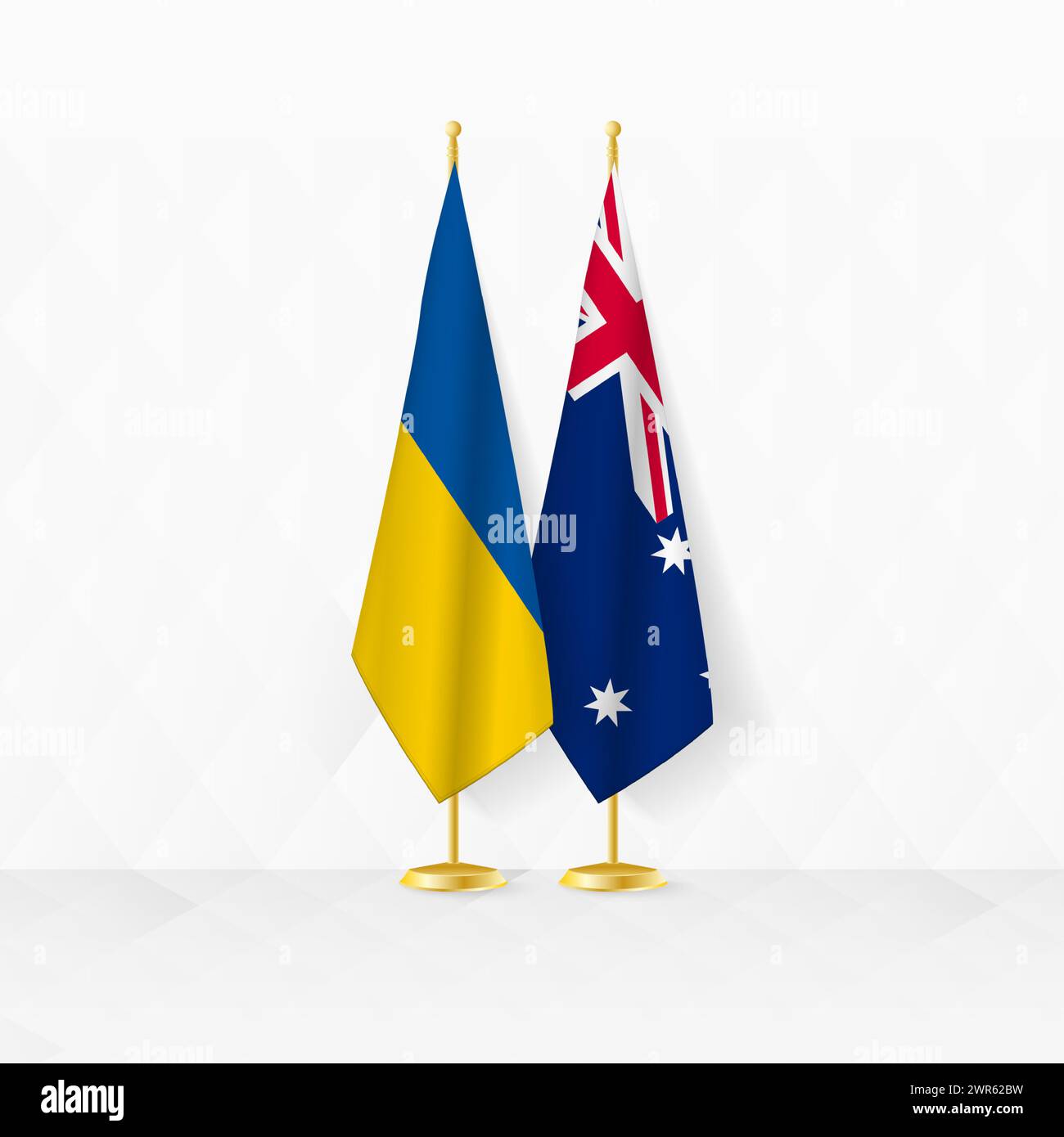 Ukrainische und australische Flaggen auf dem Flaggenstand, Illustration für Diplomatie und andere Treffen zwischen der Ukraine und Australien. Vektorabbildung. Stock Vektor