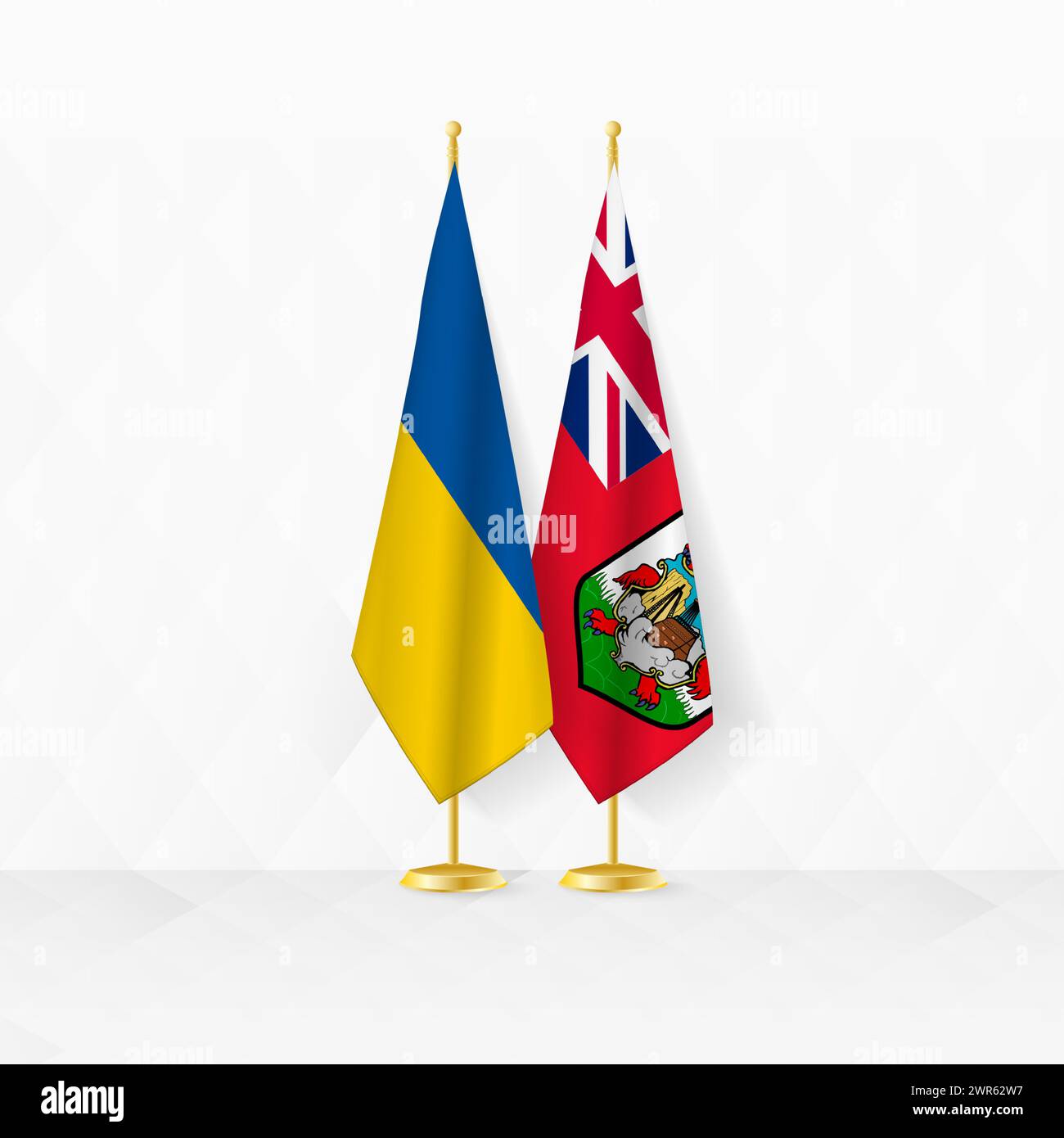 Ukrainische und Bermuda-Flaggen auf dem Flaggenstand, Illustration für Diplomatie und andere Treffen zwischen der Ukraine und den Bermuda. Vektorabbildung. Stock Vektor