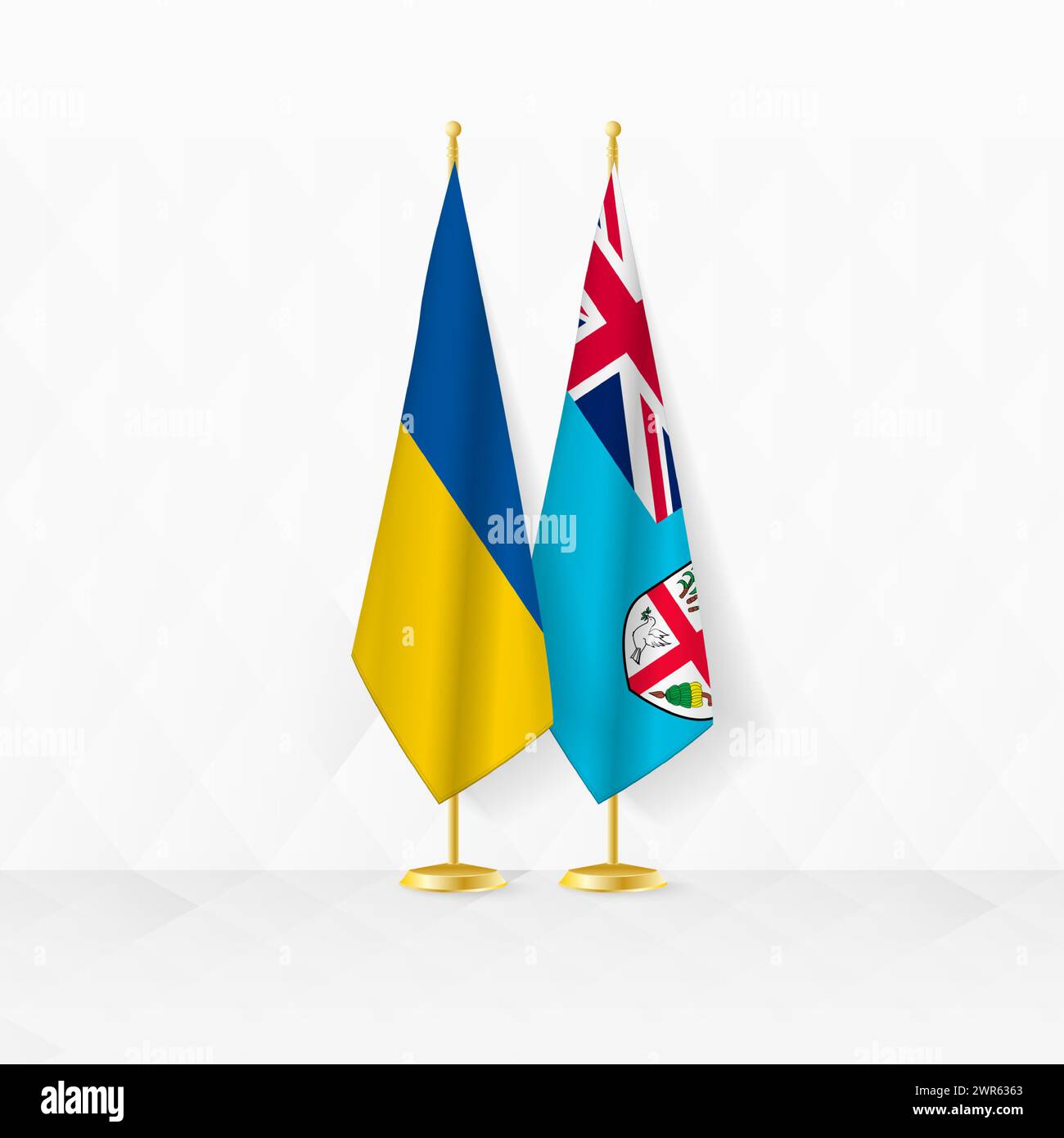 Ukrainische und fidschische Flaggen auf Flaggenstand, Illustration für Diplomatie und andere Treffen zwischen der Ukraine und Fidschi. Vektorabbildung. Stock Vektor