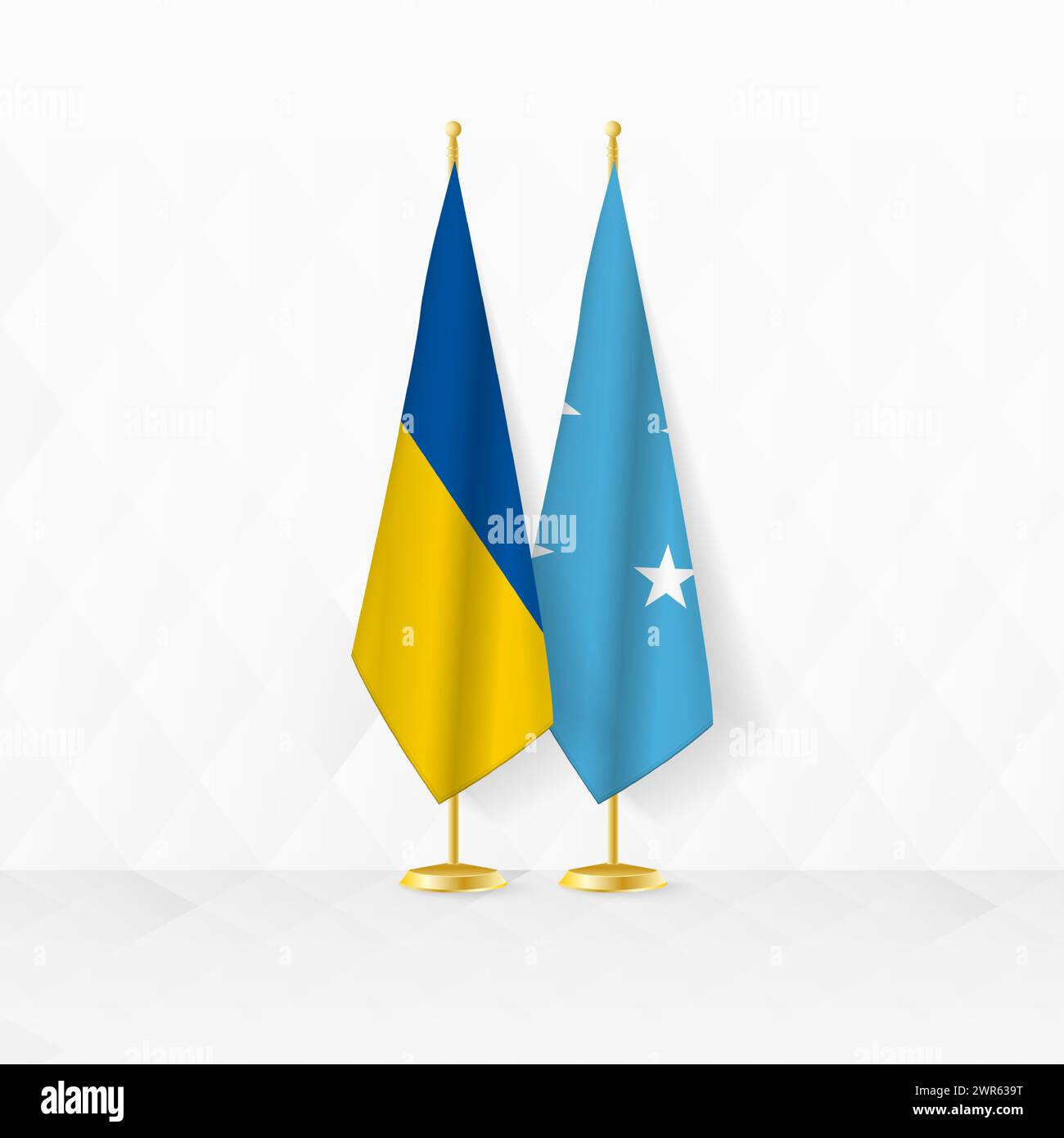 Ukrainische und mikronesische Flaggen auf Flaggenstand, Illustration für Diplomatie und andere Treffen zwischen der Ukraine und Mikronesien. Vektorabbildung. Stock Vektor
