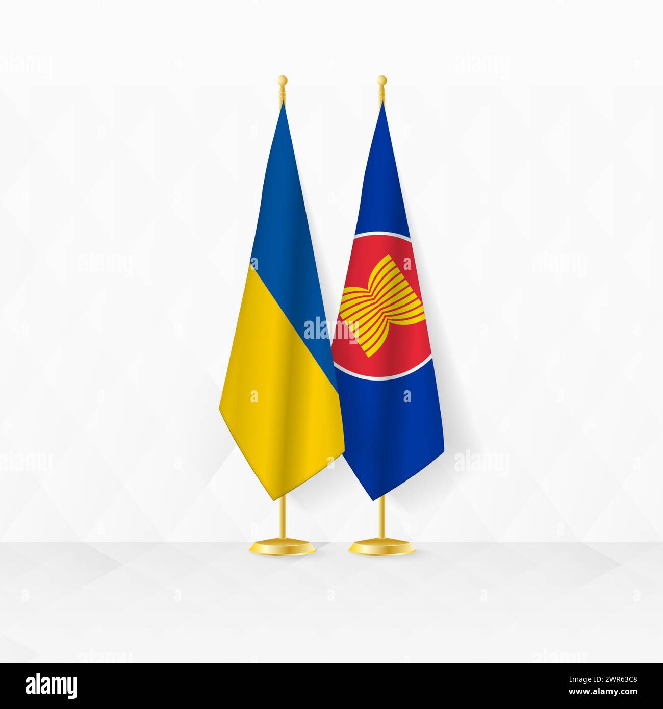 Ukrainische und ASEAN-Flaggen auf dem Flaggenstand, Illustration für Diplomatie und andere Treffen zwischen der Ukraine und der ASEAN. Vektorabbildung. Stock Vektor