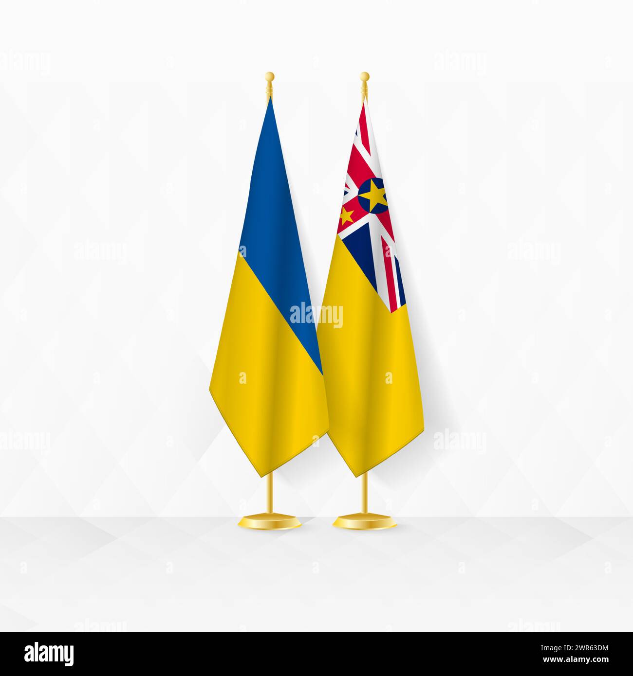 Ukrainische und Niue-Flaggen auf dem Flaggenstand, Illustration für Diplomatie und andere Treffen zwischen der Ukraine und Niue. Vektorabbildung. Stock Vektor