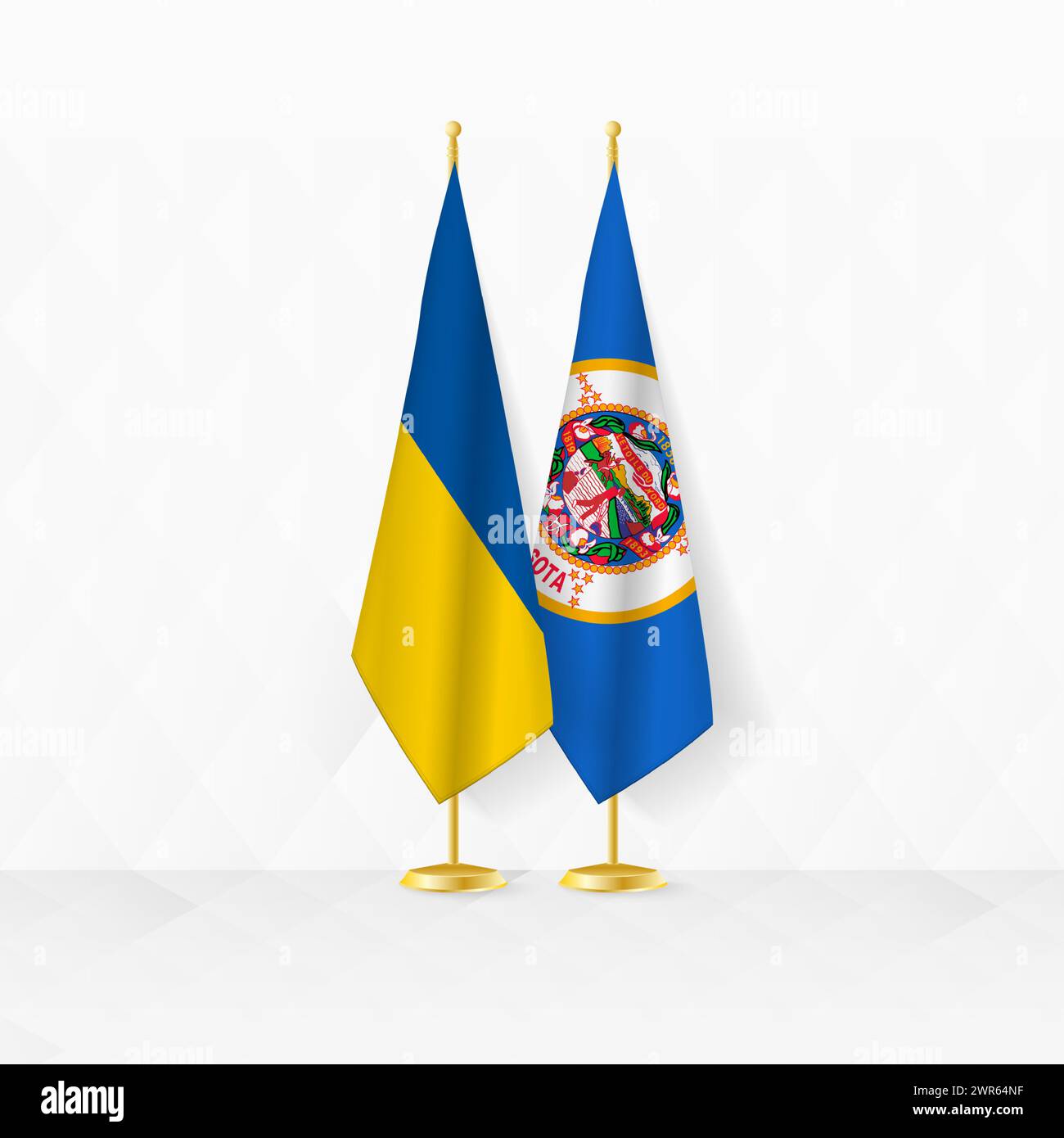 Ukrainische und Minnesota-Flaggen auf dem Flaggenstand, Illustration für Diplomatie und andere Treffen zwischen der Ukraine und Minnesota. Vektorabbildung. Stock Vektor