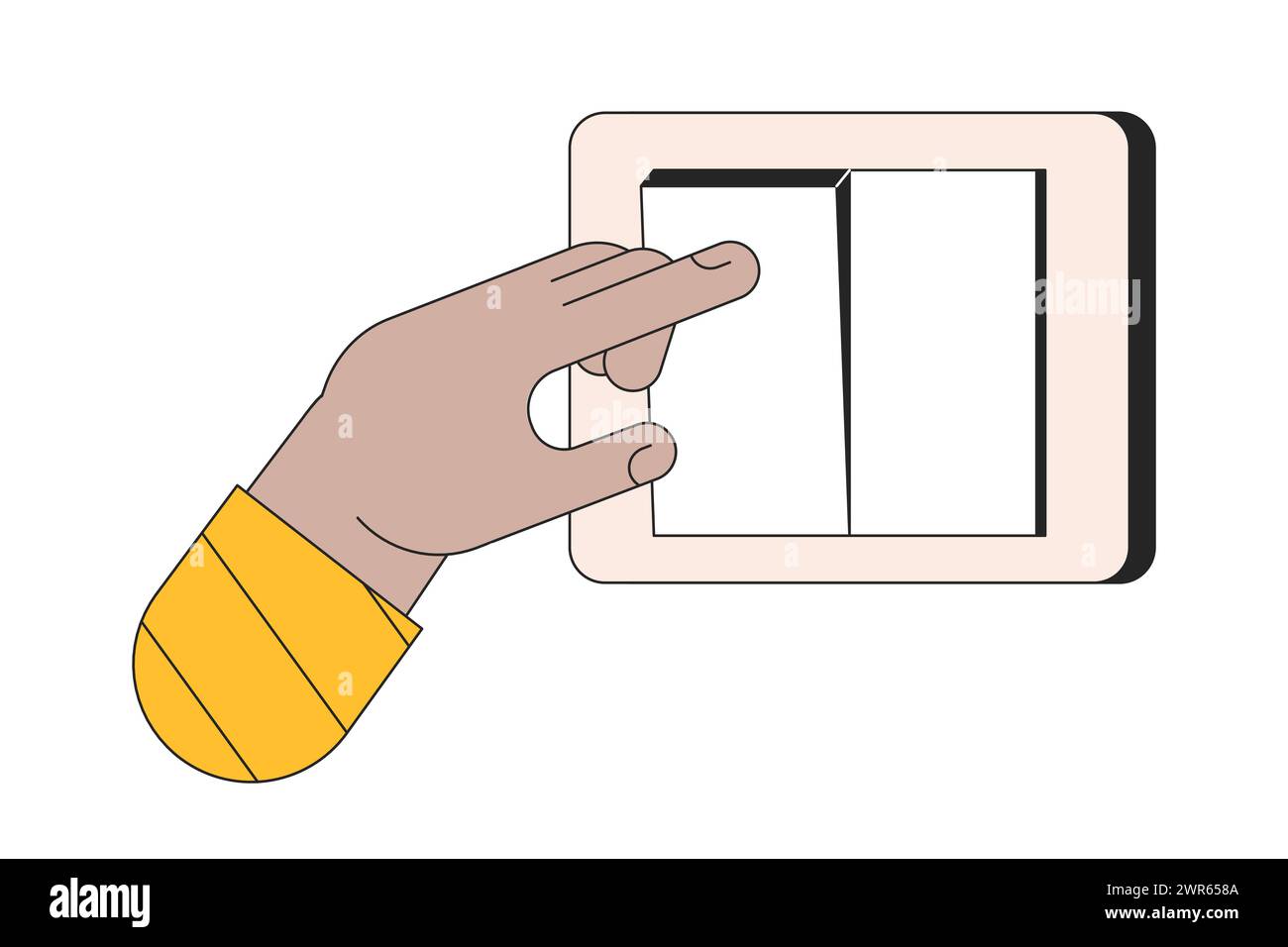 Licht am Wandschalter ausschalten lineare Zeichentrickfigur Handabbildung Stock Vektor