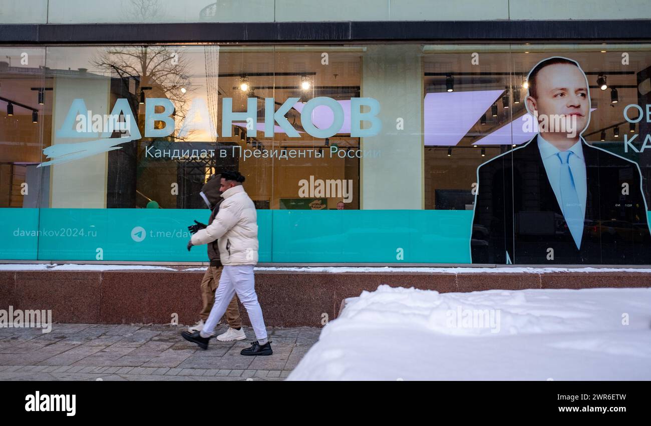 9. Februar 2024, Moskau, Russland. Wahlkampf des Kandidaten für den Präsidenten der Russischen Föderation Wjatscheslaw Davankow auf Twerskaja Stree Stockfoto