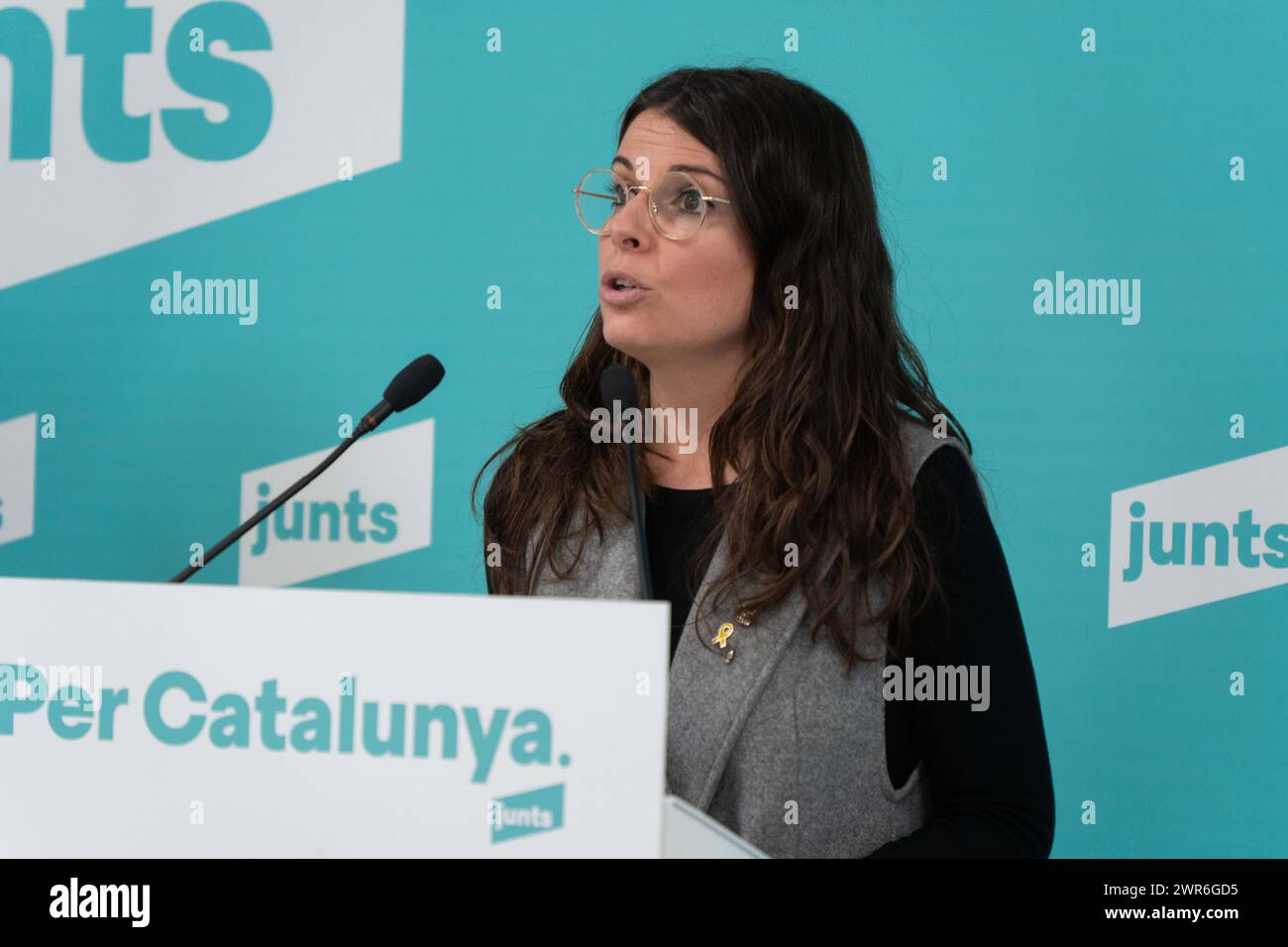 Pressekonferenz der politischen Partei "Junts", auf der sie die in der vergangenen Woche mit der spanischen Regierung erzielte Amnestievereinbarung positiv bewertet haben, obwohl sie betont haben, dass dies nicht bedeutet, dass es sich um eine Regierungsvereinbarung mit der spanischen Regierung handelt. Andererseits haben sie angekündigt, dass die "Junts" eine vollständige Änderung der Haushaltspläne der Generalitat vorgelegt haben. über die am Mittwoch im katalanischen parlament abgestimmt wird, wobei die wenigen Treffen mit der Regierung von Pere Aragones und die Ablehnung des Vorschlags zur Reduzierung von inh kritisiert werden Stockfoto