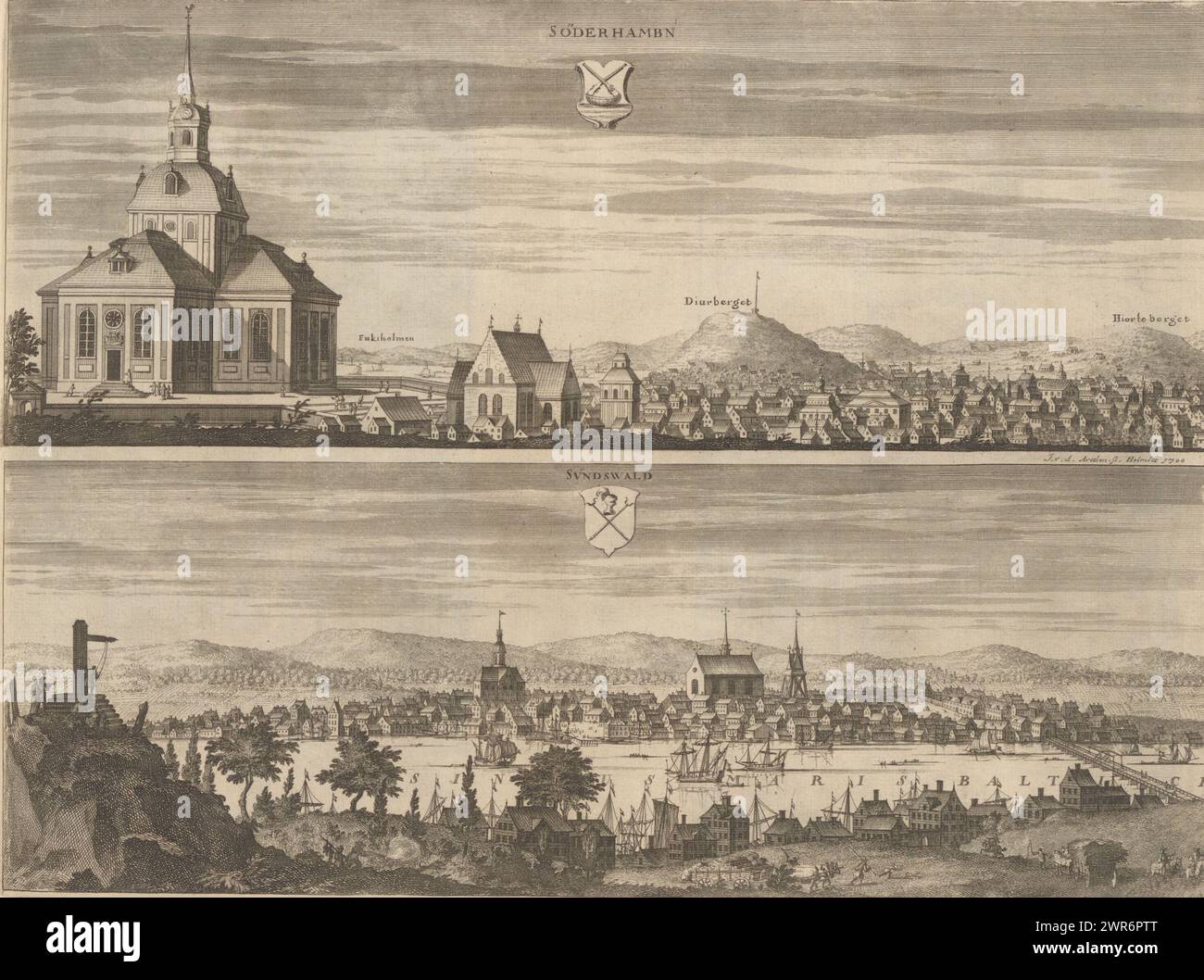 Ansicht der Stadt Söderhamn und Sundsvall, Söderhamn / Sundswald (Titel auf Objekt), Suecia Antiqua et Hodierna (Titel der Serie), der Druck ist Teil eines Albums., Druckerei: Johannes Jacobsz van den Aveele, Erik Jönssen Dahlberg, Stockholm, 1700, Papier, Ätzen, Höhe 274 mm x Breite 371 mm, bedruckt Stockfoto